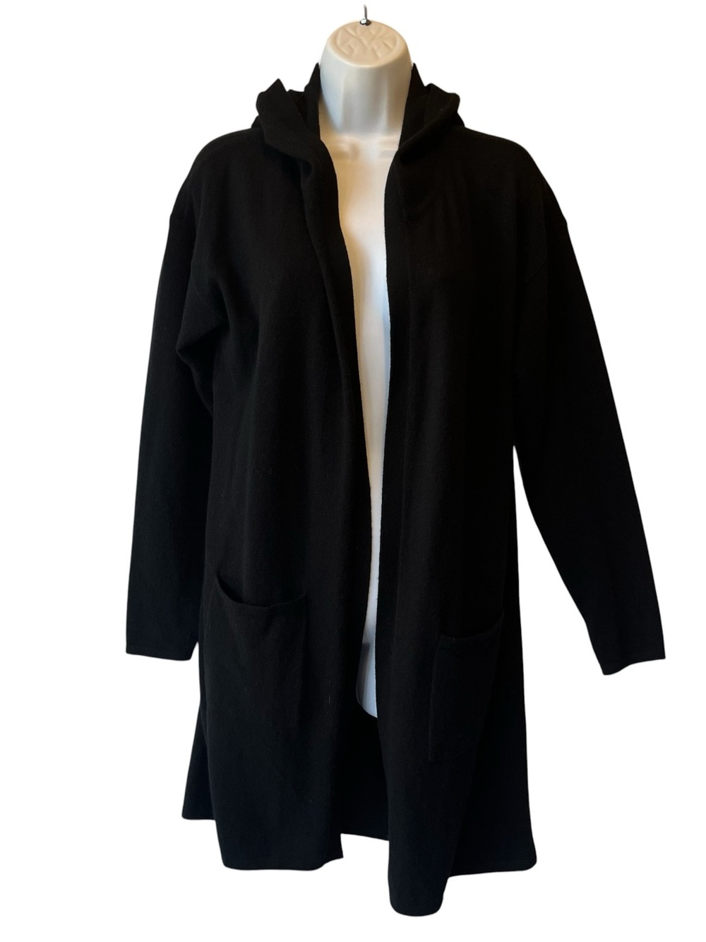 Charter Club 100% Cashmere hooded cardigan M Black Open front Long Womens